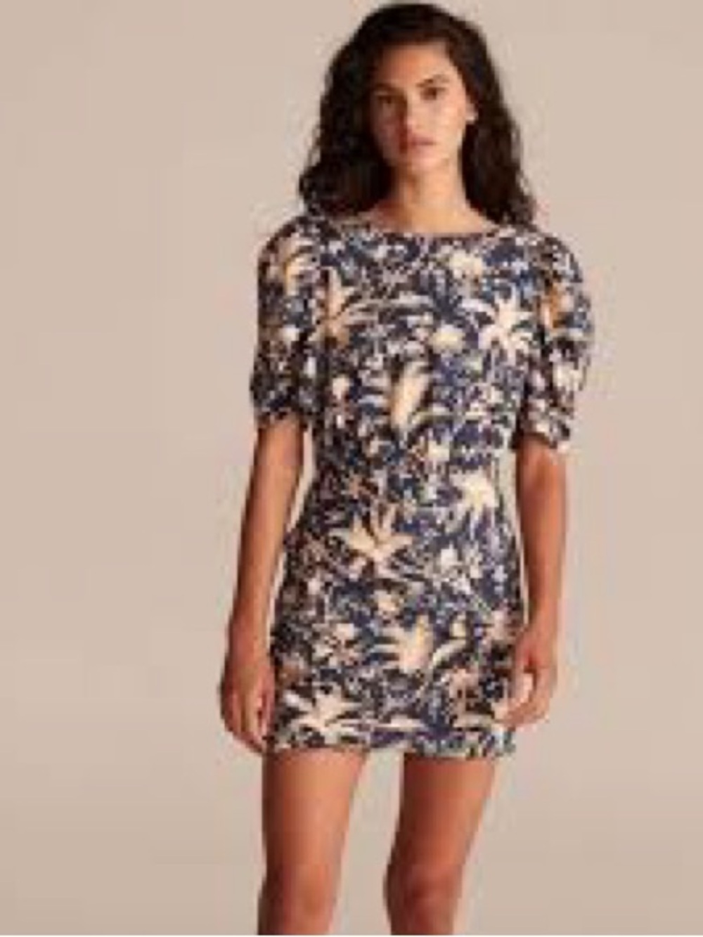 Rebecca Taylor Navy & Cream Floral Puff-Sleeve Mini Dress La Vie trellis xs